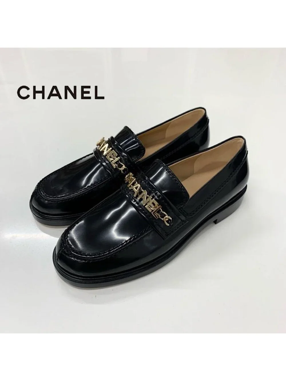 Chanel Patent Logo CC Chain Loafers Black